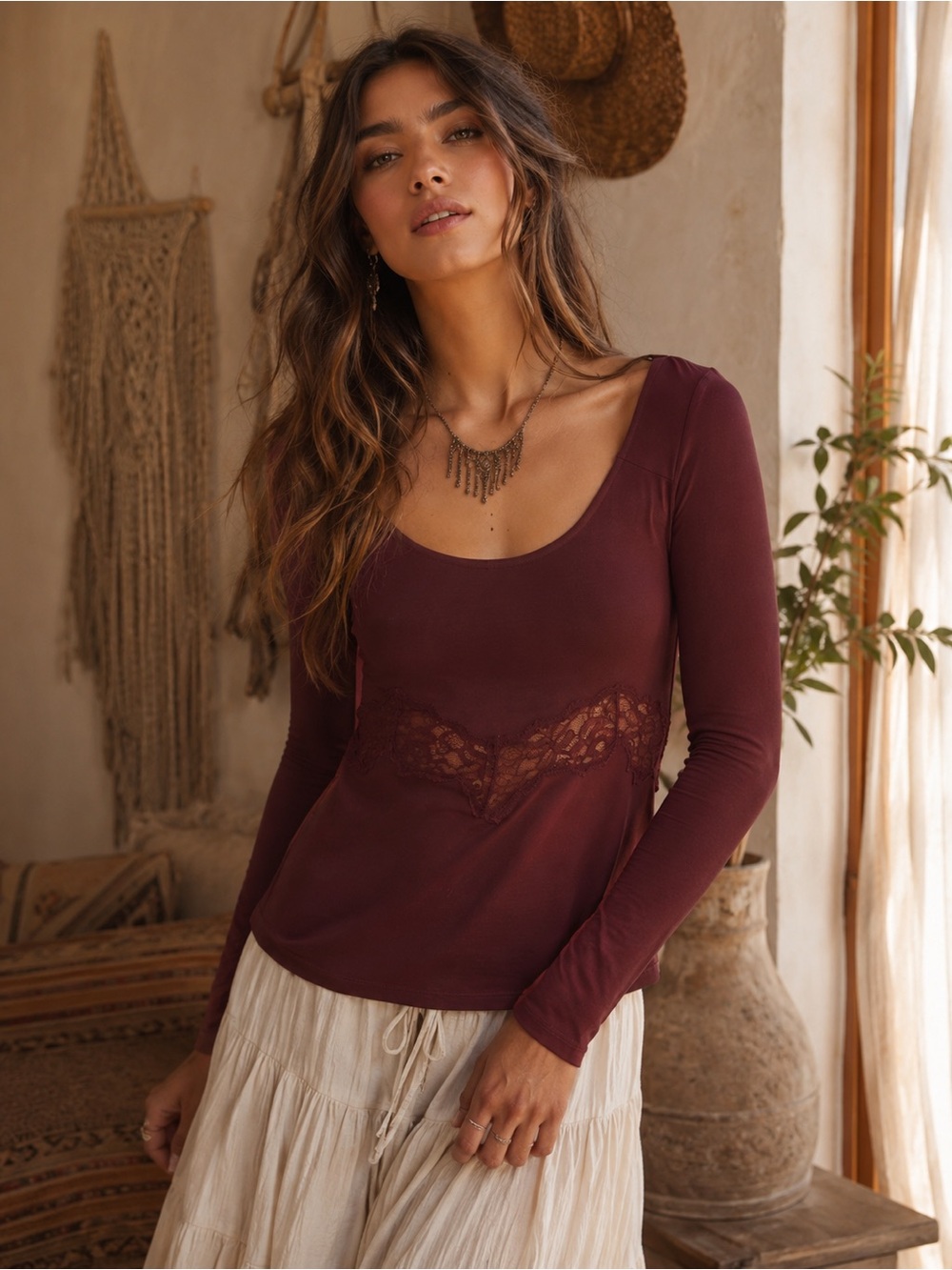 Free People Intimately Red Wine Margaux Double Dare Long Sleeve Lace Inlay Sz M